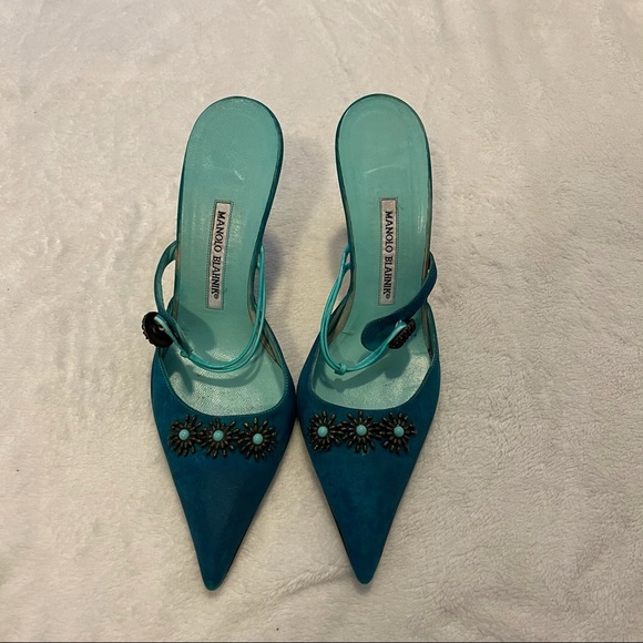 Vintage 90s y2k Manolo Blahnik blue mule sandals - Picture 2 of 8